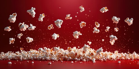 Exploding popcorn kernels flying in the air against a red background during a movie night celebration