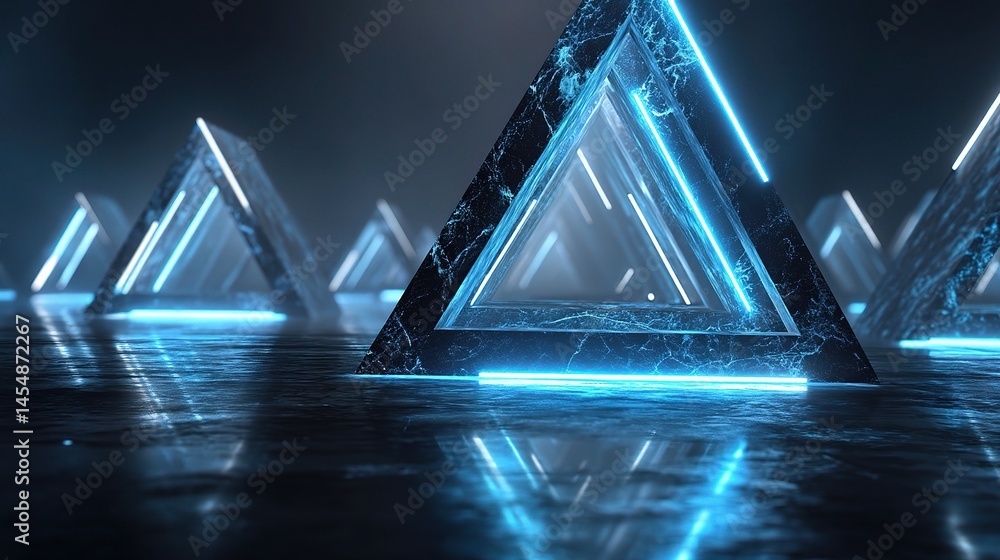 Poster sharp triangular shapes with neon blue lights in a 3d render