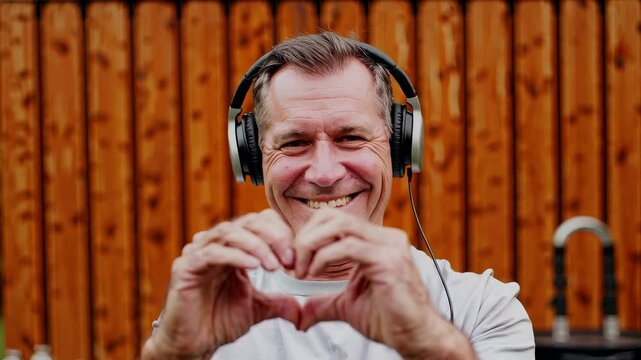 Smiling mature man listening to music with headphones, making heart gesture with hands outdoors by wooden wall