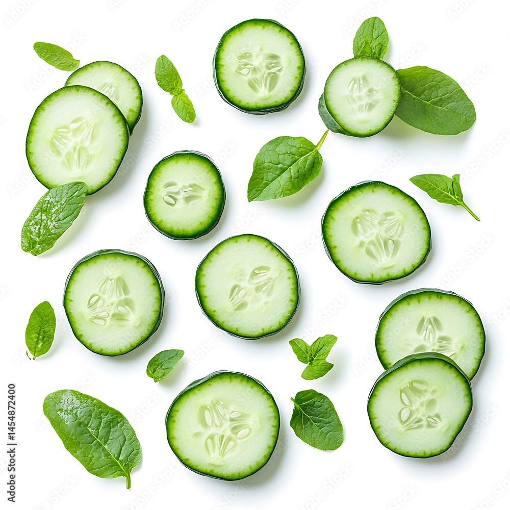 Poster cucumber slices with green leaves pattern, overhead view isolated on white background