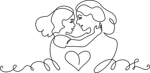 Happy Mothers day card. Continuous one line drawing. Woman hold her small daughter.