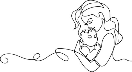 Happy Mother day card. Continuous one line drawing. Woman hold her baby