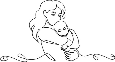 Happy Mother day card. Continuous one line drawing. Woman hold her baby