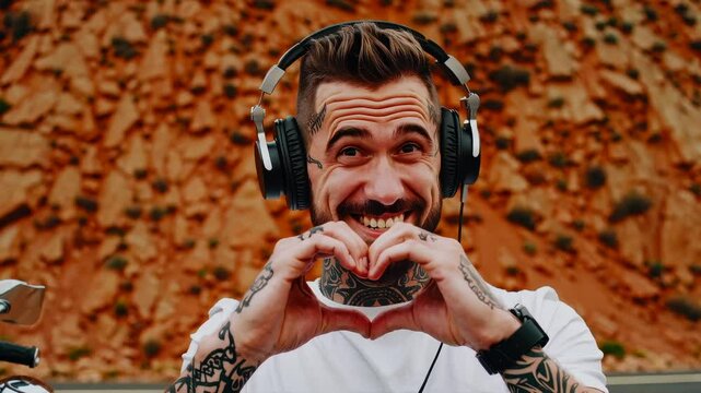 Smiling tattooed man listening to music with headphones, making heart gesture with hands in desert landscape