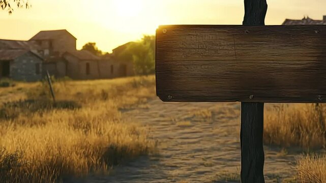 Rustic wooden signpost in a sunlit rural landscape with abandoned buildings in the background
