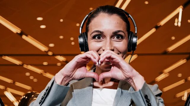 Smiling businesswoman with headset making heart gesture with hands in modern office interior