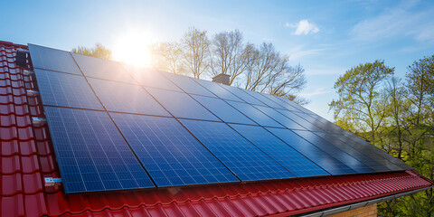 A red house with a rooftop of solar panels shines in bright sunlight, set against a serene landscape with a clear blue sky.