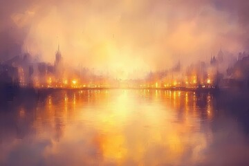 Obraz premium Serene Urban Sunrise with Reflections on the Calm River Surface