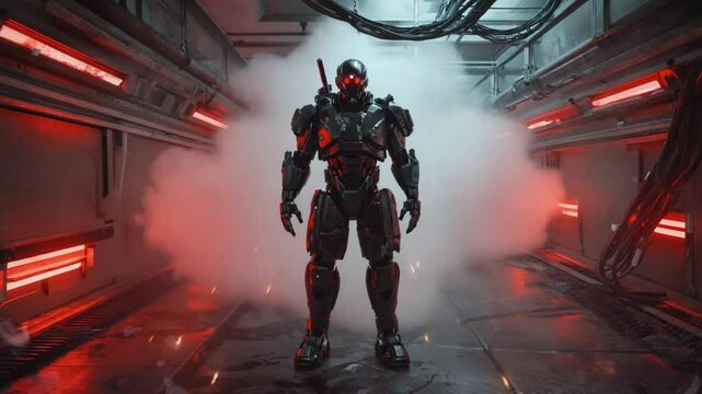 darkened, neon-lit industrial corridor, lone cyborg cracked armor pulsating red eyes peers shadows. rain mechanical face, memories human past flicker eyes, calculating whether rebel or obey