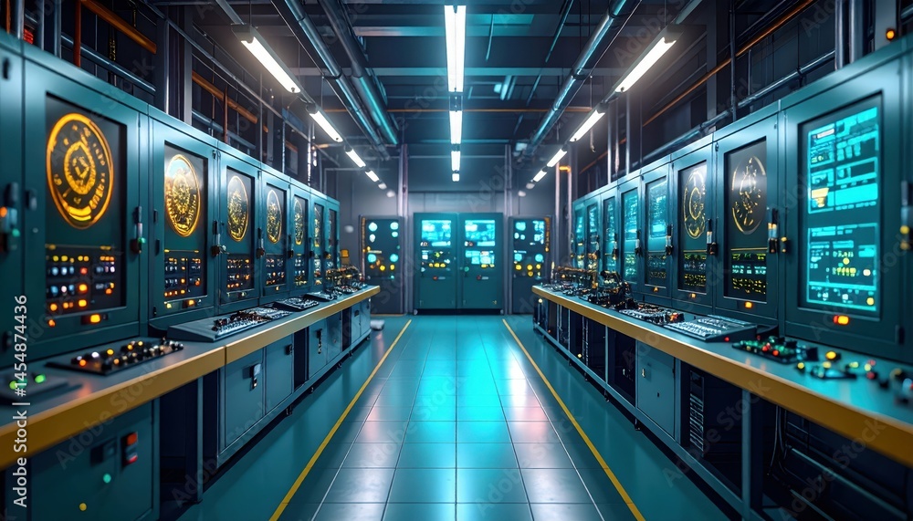 Poster modern control room with computer systems and high-tech equipment