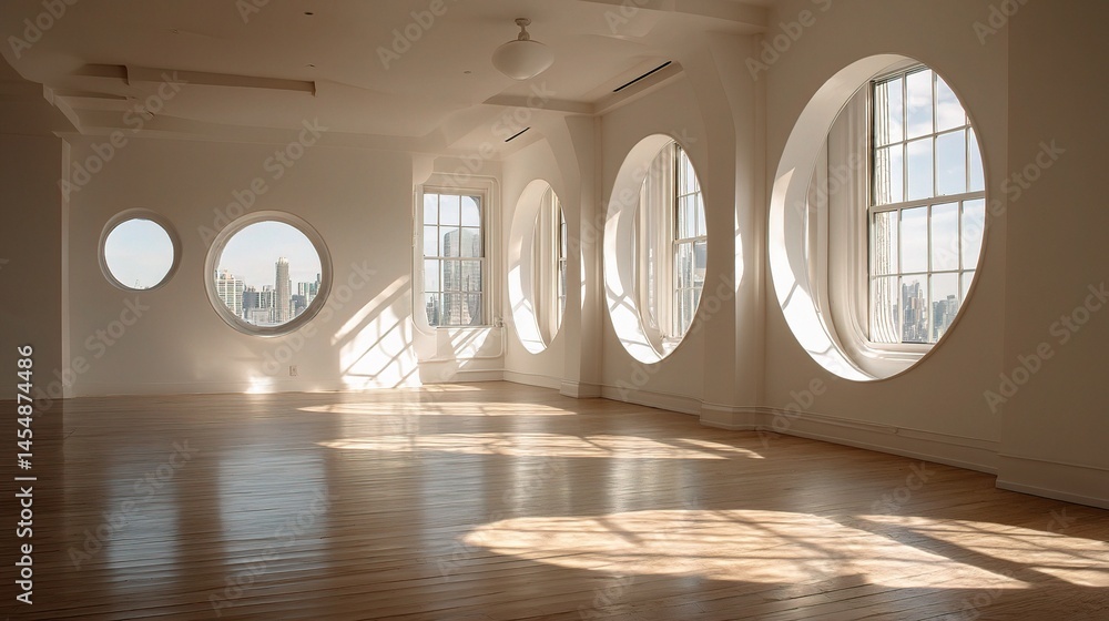 Poster elegant studio space with circular windows and white walls