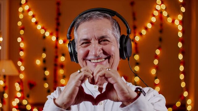 Smiling senior man listening to music with headphones, making heart gesture with hands in festive lights background