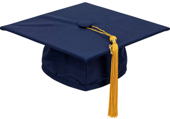 Navy blue graduation cap with gold tassel.