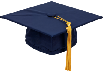 Navy blue graduation cap with gold tassel.