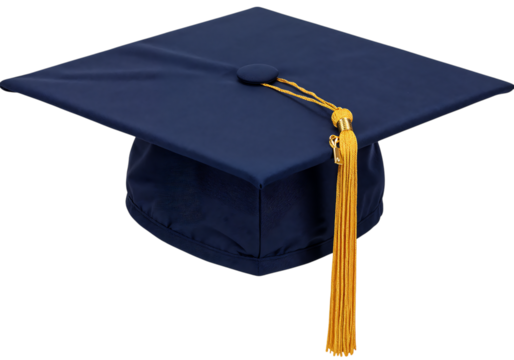 Navy blue graduation cap with gold tassel.