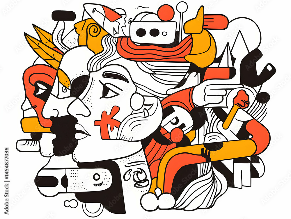 Poster a complex illustration featuring abstract shapes and figures using bold lines and a limited color pa