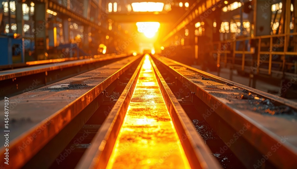 Poster sunset reflection on industrial rails in abandoned factory setting