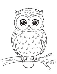 Black and White Outline of an Owl Sitting on a Tree Branch in a Simple Cartoon Style, Ideal for Kids' Coloring Books and Fun Animal-Themed Learning Activities