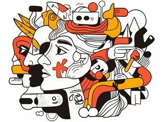 A complex illustration featuring abstract shapes and figures using bold lines and a limited color palette. Excellent for posters and graphic design projects.