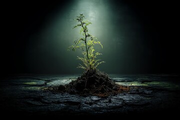A single small plant sprout emerges from dark soil, illuminated by a single light beam, symbolizing hope and resilience.