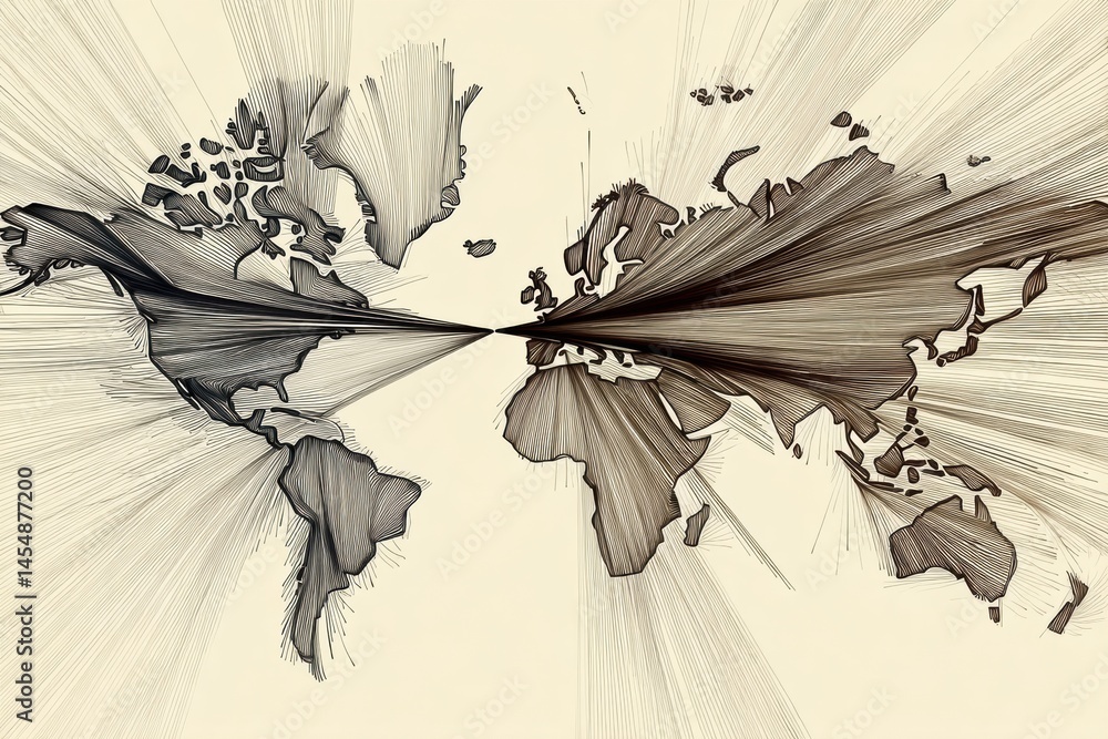 Poster Abstract Design With Motion Lines Tearing the World Map Apart, Creating a Visual Division in the Continents and Emphasizing Separation Generative AI