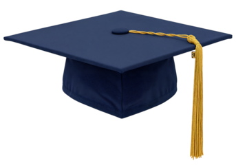 Navy blue graduation cap with gold tassel.
