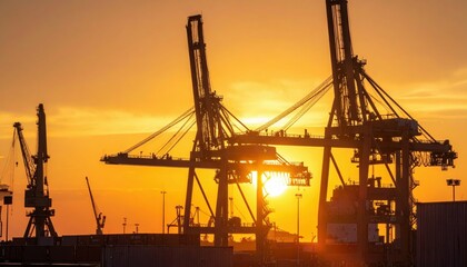 Fototapeta premium Industrial Port at Sunset with Cranes Silhouetted Against Sky