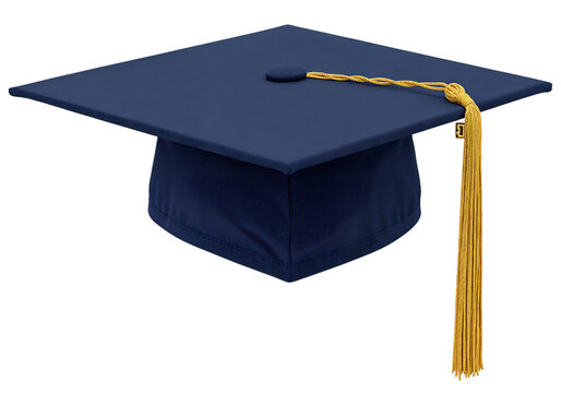 Navy blue graduation cap with gold tassel.