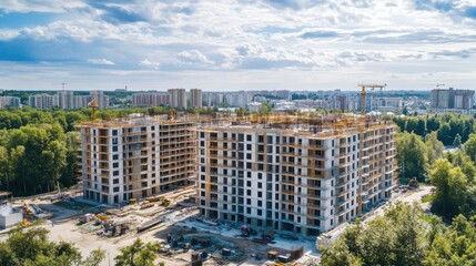 Aerial Perspective of Multi-Family Development in Progress: Modern Residential Housing Amidst the City Skyline