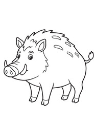 Black and White Outline of a Wild Boar in Simple Style for Kids' Coloring Book, Educational Animal Drawing with Clean Lines and Easy-to-Color Features