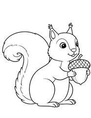 Black and White Outline of a Squirrel Holding an Acorn in Simple Style for Kids' Coloring Book, Easy and Fun Line Art for Educational and Creative Activities
