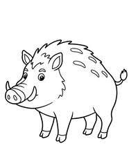 Black and White Outline of a Wild Boar in Simple Style for Kids' Coloring Book, Educational Animal Drawing with Clean Lines and Easy-to-Color Features