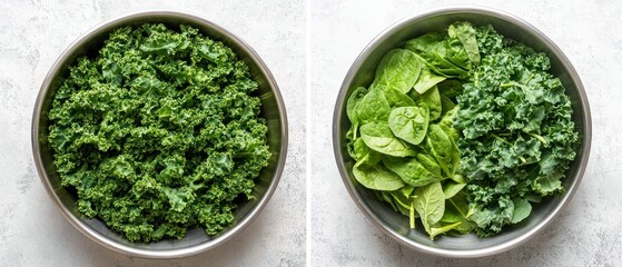 Obraz premium Two stainless steel bowls display unprocessed, raw kale and spinach, suggesting fresh ingredients prepared for healthy eating.