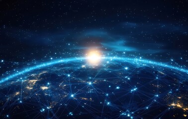 夜空に輝く地球と都市部の光デジタルネットワーク未来的なビジュアル