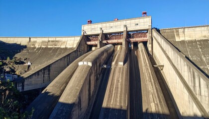Dramatic View of a Hydroelectric Dam Under Clear Blue Sky
