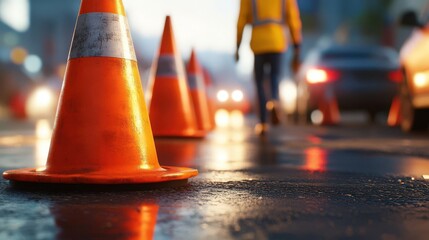 Orange traffic cones on asphalt with blurred worker in uniform walking nearby, symbolizing highway safety and roadwork, close-up with copy space.