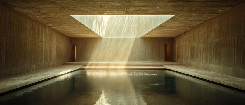 Interior exhibits minimalist concrete architecture with a swimming pool, skylight casts radiant sunlight, reflecting serene atmosphere.