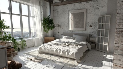 Cozy Shabby Chic Sanctuary: Modern Scandinavian Bedroom Design with 3D Elements