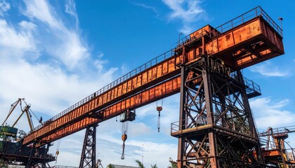 Industrial Crane Against Blue Sky and Cloudy Background