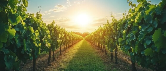 Vineyard presents rows of grape vines bathed in setting sun, promising bountiful harvest.