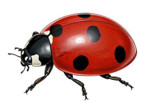 Close up of a ladybug with black spots on a red shell.