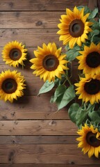 Obraz premium Vibrant sunflowers arranged on rustic wooden board , garden, artwork, background
