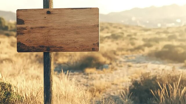 Blank wooden signpost in a sunlit field with distant mountains and a serene landscape background