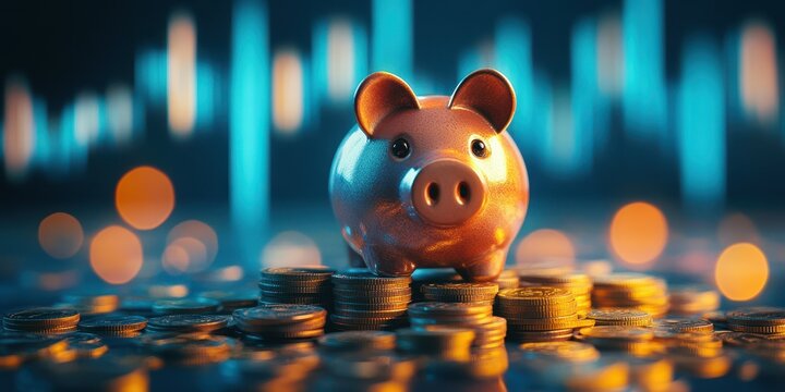 Piggy bank surrounded by coins with financial data visualizations in the background during a late evening setup - Powered by Adobe