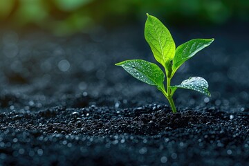 A single young plant is growing from dark moist soil