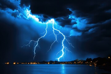 Naklejka premium Dynamic Home Lightning: Striking Bolt Against a Darkened City Skyline with Charged Clouds