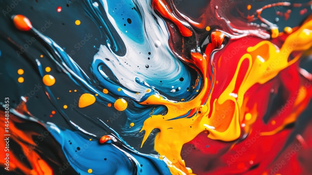 Poster close-up of colorful paint splashes blending in mid-air, forming abstract patterns on a black backgr