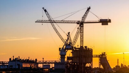 Industrial Construction at Sunset with Cranes and Silhouetted Skyline