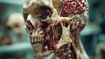 Anatomical model of a human head, showing skull, brain, and neck tissues