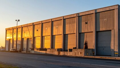 Fototapeta premium Industrial Warehouse with Sunset Reflection on Metal Panels